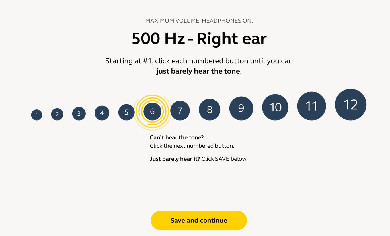 A graphic showing the online hearing test and different numbers representing tones. 