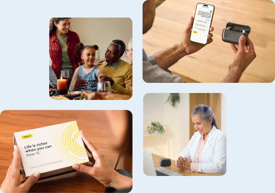 Jabra Enhance Experience Collage: Hearing aid unboxing, app setup, family time, and a virtual audiologist consultation